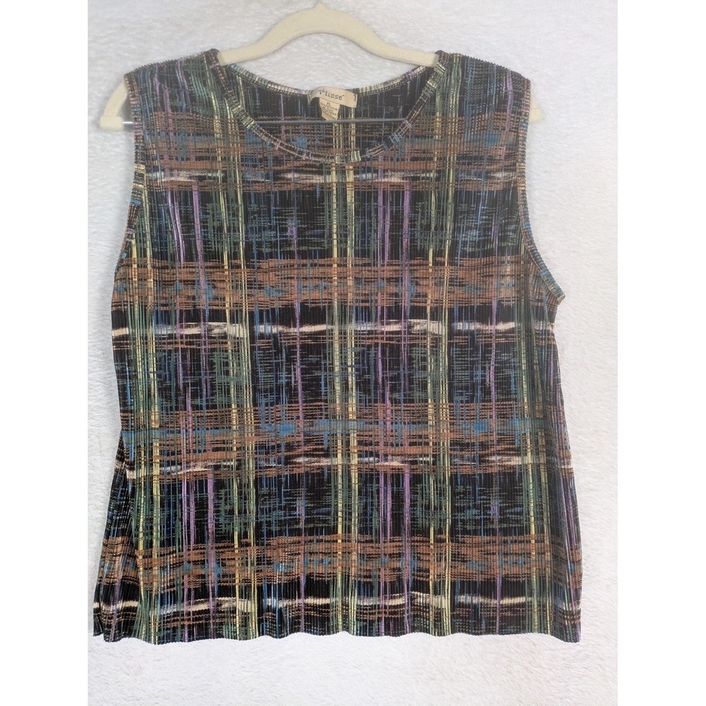 Plisse Tank Top Women's XL Multi-Color Abstract Plaid Pleated Sleeveless Scoop